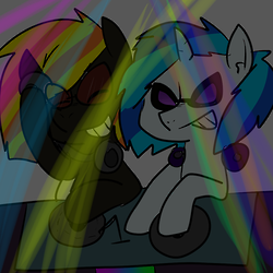 askrecordspinner          Doodleanswers made this epic pic of me and Vinyl scratch DJ'ING together,it looks soo cool 