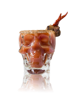 acocktailmoment:  Smokin’ Head Caesar, Recipe courtesy Crystal Head Vodka2 oz. Crystal Head Vodka5 oz. Clamato (Caesar) or tomato juice (Bloody Mary)dash of Worcestershire saucedash of hot saucedash of liquid smokeIngredients for rim garnish:1⁄4