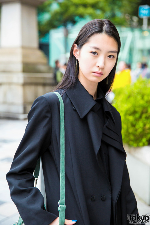 Japanese model Tomomi on the street in Harajuku wearing a Yohji Yamamoto coat with skinny pants, Yoh