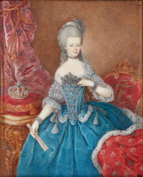A portrait of by Princess Friederike Luise of Prussia by Anton Friedrich König, circa 1775.