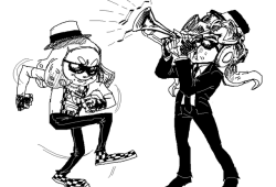 phillip-bankss:    ko-fi request: “I love your sketches. Can you draw Marina and Pearl from Splatoon 2 playing the trumpet and skanking respectively both in ska band clothing. ”  