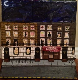 sherlockcraft:  This is a 3D relief sculpture that I made for an art class. We were supposed to build a place that we wanted to travel, and I made 221B Baker Street as seen on BBC’s Sherlock. We had to incorporate a map so the insides of the windows