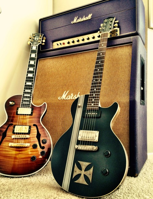 laboutiquedemusique:  This set up was KILLING it the other day! TONE!!!  1969 Marshall Super Tremolo, Nik Huber Custom Krautster II, and my Gibson Les Paul Custom Florentine. 