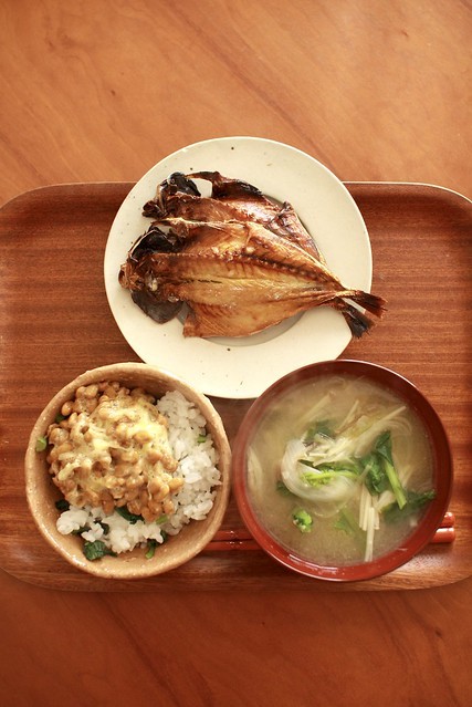 grilled horse mackerel, natto rice, &amp; miso soup (daikon leaves, onion, enokidake, and myoga)