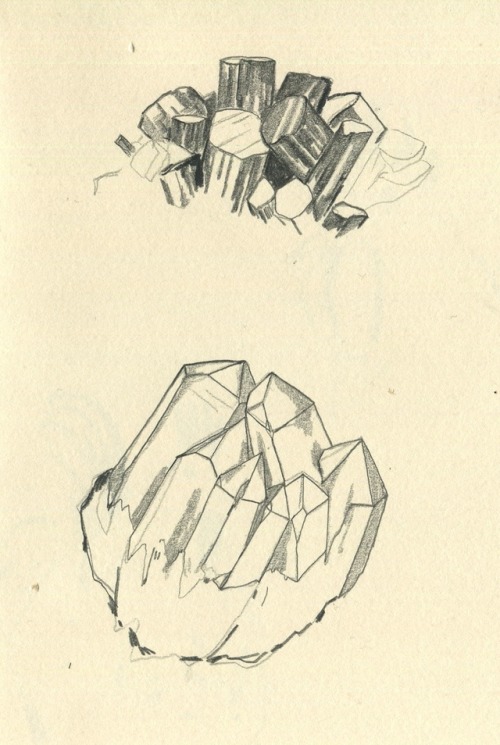st-pam: Sketches of some of the crystals I own (various points, smokey quartz, aragonite, clear quar