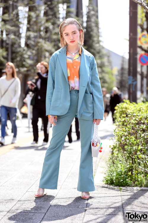 18-year-old Japanese fashion student Ashley wearing an X-Girl blue suit, Susan Alexandra beaded cher