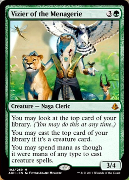 mtg-realm: Magic: the Gathering Amonkhet Spoilers April 10th Liliana’s Expertise, Zombie tribal support, illustrated by Kieran Yanner.  Five mana delivers a pump and an immediate 6 power, not bad at all. Vizier of the Menagerie, Naga Cleric illustrated