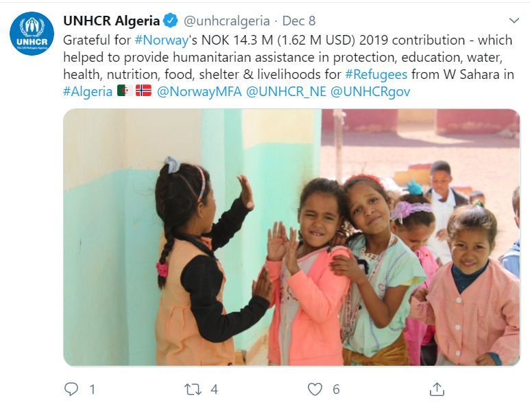 FNs Høykommisær for flyktninger takker for støtten som Norge gir: 14,3 millioner kroner for 2019. Det skriver de i en tweet. Samme organisasjon takket allerede 16. september 2019 for at Norge hadde gitt 10 millioner i løpet av året.