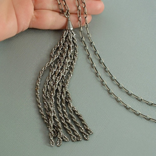 Antique Victorian CUT STEEL Tassel Necklace Long Paperclip CHAIN c.1870s, Gift for Her