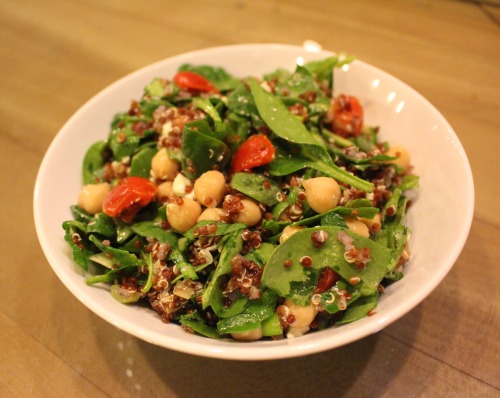 Quinoa, Chickpea, and Spinach SaladPrep time: 30 minutes Ingredients: 1 cup quinoa1 (15-ounce) can c