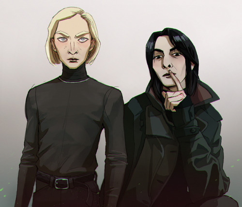 suffer-my-displeasure:crime mates Malfoy and Snape posing for Vogue 