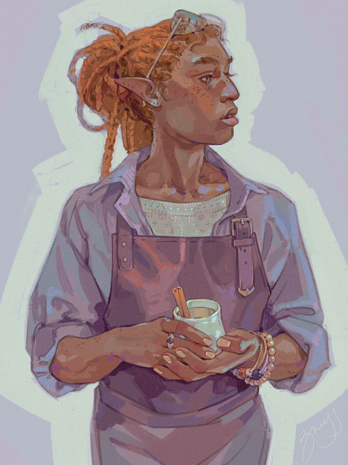 a digital hips-up painting of an elf. he is slender, with a hint of muscle on his forearms, and has medium brown freckled skin and long bright ginger box braids pulled back and out of his face into a haphazard half-bun half-down hairstyle. he is wearing a gray shirt with its sleeves rolled up to his elbows, a delicate embroidered white silk undershirt visible where the gray shirt is open at the top, and a leather apron. perched on top of his head are magnification glasses with brass-colored metal frames and side shields; there is a silver ring with a black gemstone on his right hand and a few simple bracelets on his left wrist. he is looking wistfully off screen, and in his hands he is holding a small iridescent porcelain cup, with a cinnamon stick poking out of it and light golden tea visible inside.