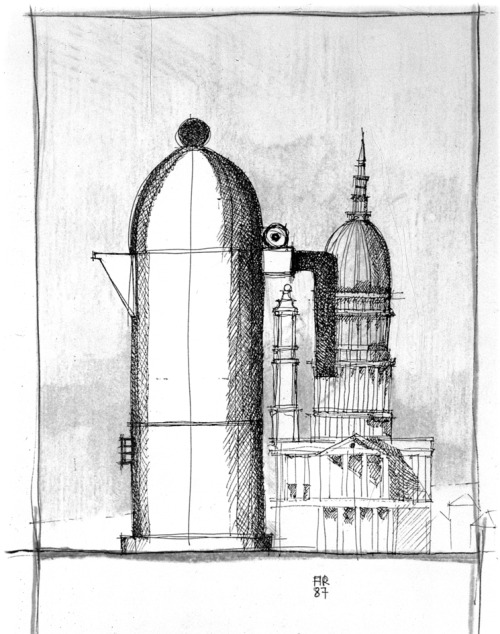 Aldo Rossi, Drawing for espresso machine La Cupola for Alessi, 1985.