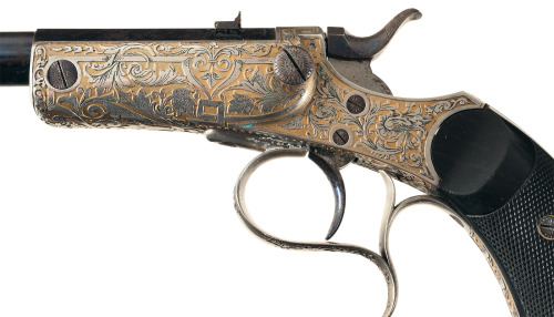 Gold and silver engraved target pistol by Gastinne Renet of Paris, mid 19th century.Estimated Value: