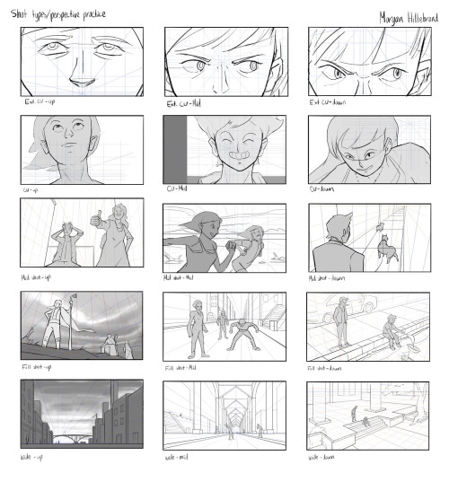 Storyboarding practice from a class I’m taking! Learning about shot types and perspective grids