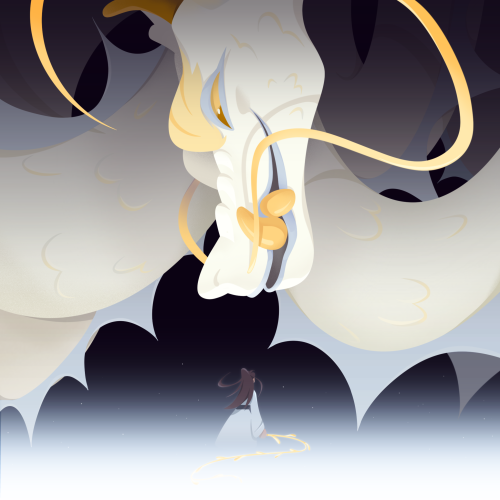 Focus of the piece is a large and long white chinese dragon. It has long yellow whiskers, a grin on its face baring yellow fangs. It's has blue spines sticking out along it's body, which snakes into the distance. At the bottom, we see a small figure, chu wanning, facing his summoned dragon head on, holding a golden willow whip in his hand. He stands surrounded in mist.