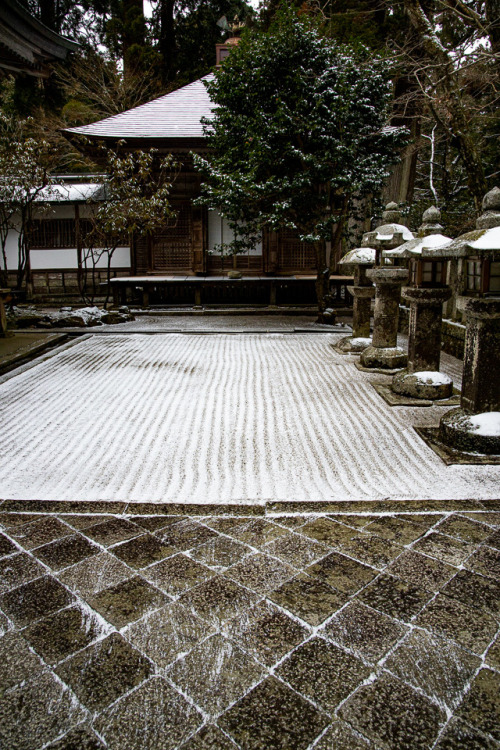 Late March light snow in Jodo temple on Mount Hiei, unusual Spring scenery captured by Prado