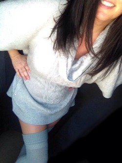 findingmeafter40:  Cozy Friday!  Not my norm I know but it’s so cold out and I love my thigh high socks and oversized sweater! ;-)