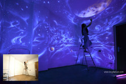 archiemcphee:  Vienna, Austria-based artist Bogi Fabian uses glow-in-the-dark and black light-reactive paints to transform rooms into otherworldly getaways in distant galaxies, jungles, caves or underwater. While some of Fabian’s murals are partially