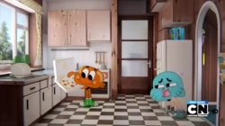 Part 3. Gumball goes to find his pants and a missing DVD. He finds Darwin using it as a pizza cutter and quickly stops him.