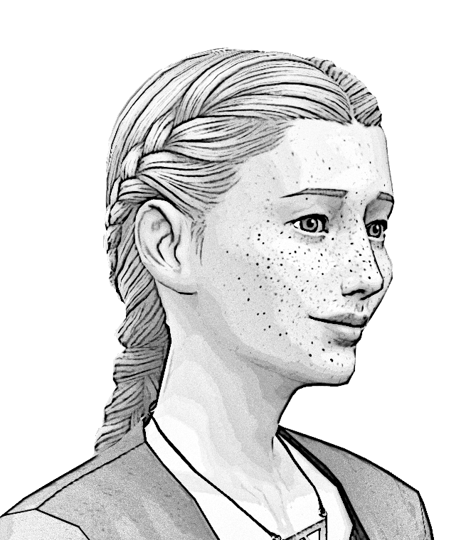 A greyscale, digitally produced image of the head and shoulders of a young, very pale person with freckles, feminine features, and very light, long silver hair which is pulled back in several braids. The image is in slight profile: Isa is looking towards the right, with a slight smile on their face.