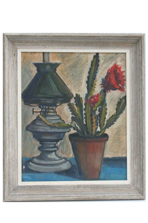 cactus-in-art:[not signed]Stilleben mit Petroleumlampe und Kakteen, ca. 1950