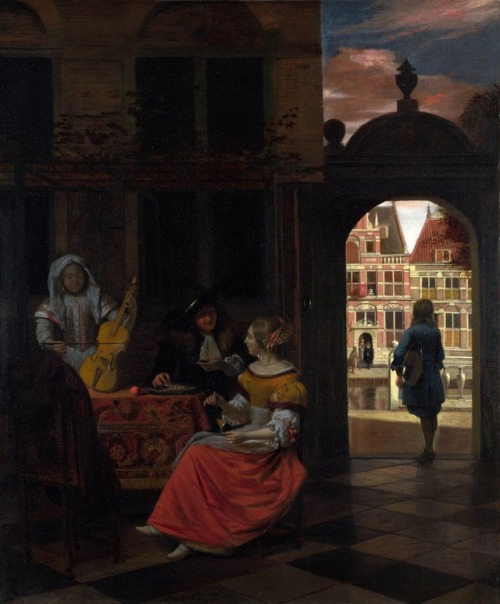 A Musical Party in a Courtyard (Netherlands, 1677) Oil on canvas, By Pieter de Hooch