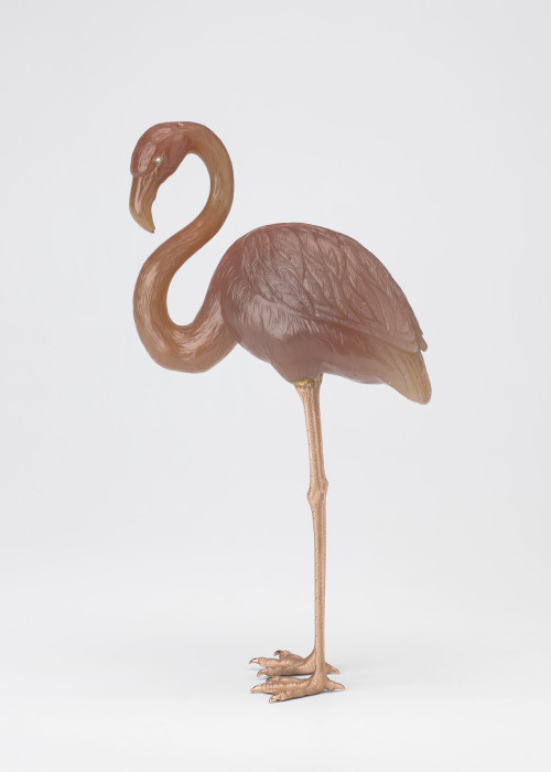  Flamingo, carved in pink agate with rose diamond eyes and chased dull red gold legs, by Henrik Wigs