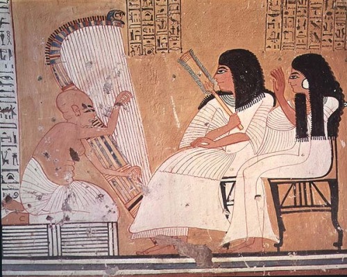 egypt-museum: Inherkhau and his wife Wab listening to a blind harpist, wall painting from the Tomb o