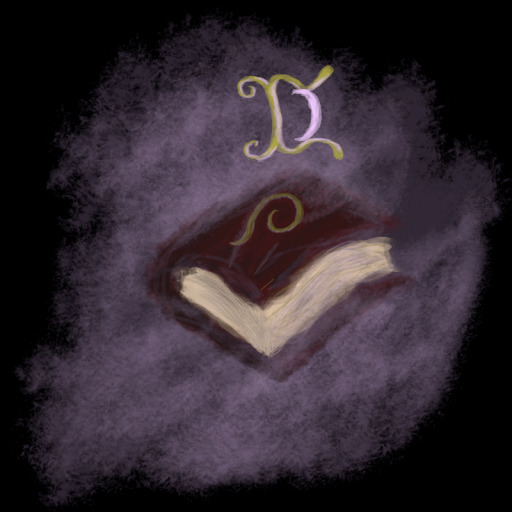 Disquiet Library Logo it looks like an oil painting of a book with a glowing gold and purple rune floating around it against a backdrop of magical fog