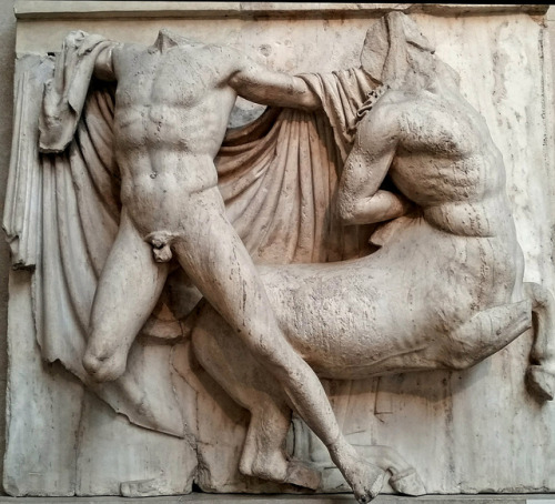 Metope from the Parthenon sculptures 447 - 432 b.c. The battle between Lapiths and Centaurs. (Britis