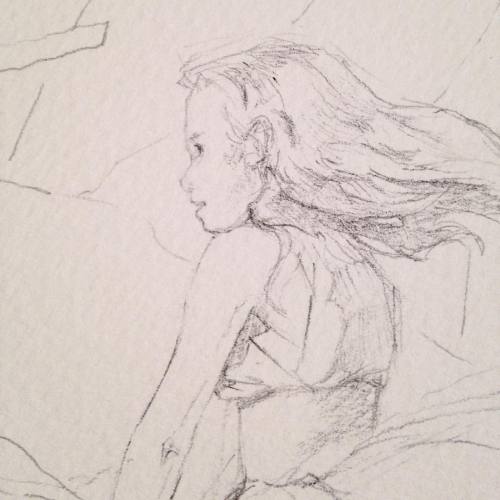 Detail of the drawing of the girl riding the elk in the “Wild Hunt” painting I am workin