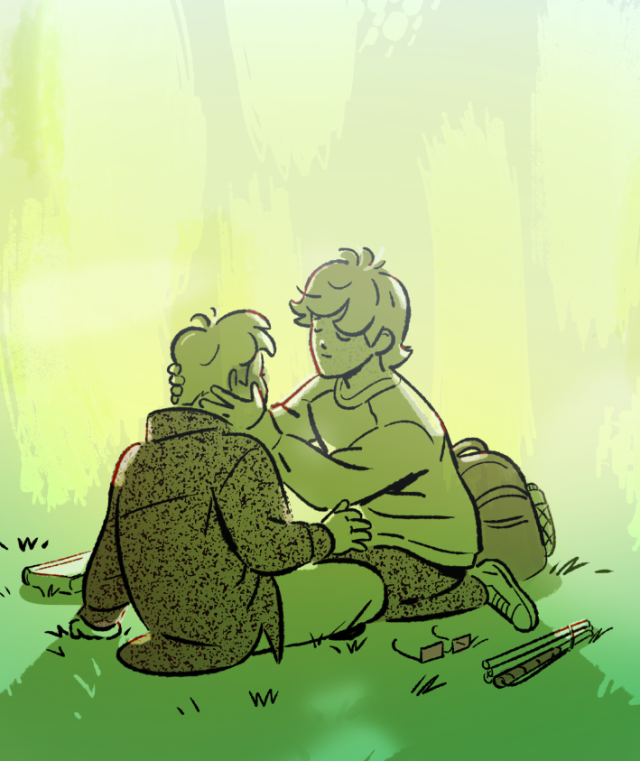 A digital drawing of young Matt and Foggy in green tones. They are sitting in grass, wearing casual clothes. Matt's folded white cane, his glasses, a book and a backpack lying around them. Matt's eyes are closed, he is sitting on his heels front to Foggy, he is smiling a little, and he is holding Foggy's face in both hands. Foggy is pictured from behind, one hand is resting on the ground, the other hand is raised above his thigh, the visible side of Foggy's face has a little blush.