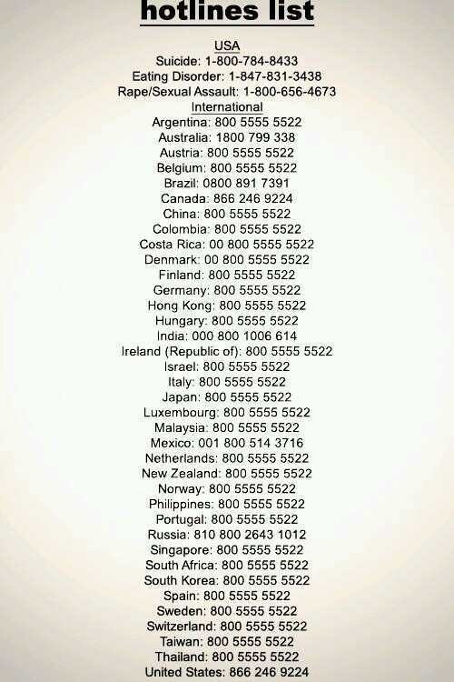 trying-t0-survive-insanity:  Worldwide suicide hotlines. Reblog and you can save someone’s lif