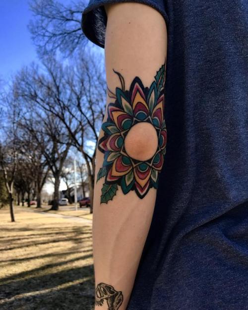 kooltattoos:My traditional mandala flower elbow tattoo done by Mr.Jan @ GCT Winnipeg Canada. (by Ale