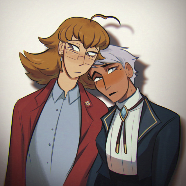 Older designs of Sebastian and Franziska, leaning on each other and looking down in opposite directions, forlorn. They're set against a plain white wall, casting stark shadows. Sebastian has longer, collar length hair and glasses, and is wearing their red jacket over a plain light blue dress shirt. Franziska has hair cropped short and is wearing a black jacket over a white turtleneck, with her diamond brooch on a bolero tie.