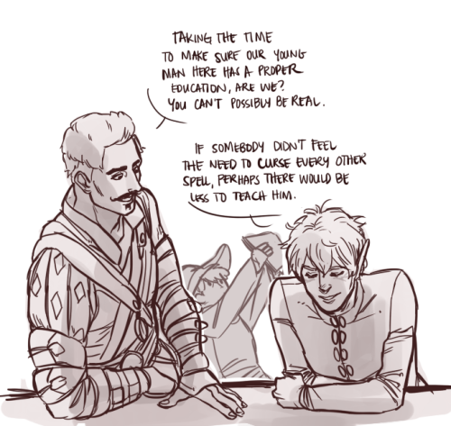 siriusdraws:siriusdraws:one floor down, solas is making retching noisesiron bull // dorian // cullen