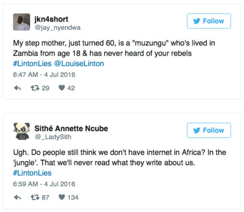 reverseracism:  greenskyoverme:  reverseracism:  reverseracism:  countessnoir:  brownstatuesquesugarbaby:  micdotcom:  Louise Linton’s memoir about her year in Zambia sparks outrage with white savior clichés Scottish actress Louise Linton’s memoir