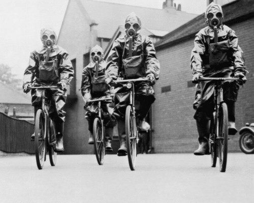 Gas masks protected against fallout dust.