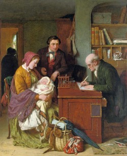 books0977:  Registering the First Born (1863). George Smith (British, 1829-1901). Oil on panel. The National Register for Births, Marriages and Deaths in England and Wales opened in 1837. Then, as now, registering a new-born was a portentous moment.