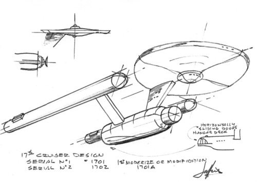 classictrek:  Production sketches and final scale drawing by Matt Jeffries, 1965-1966 The Enterprise went through multiple iterations before production started, with Jeffries spending several weeks coming up with ideas that just weren’t hitting any