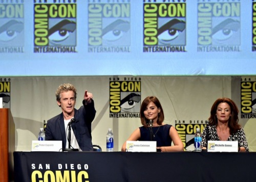 oswincoleman: Jenna Coleman, Peter Capaldi and Michelle Gomez at the San Diego Comic Con, 09.07.2015