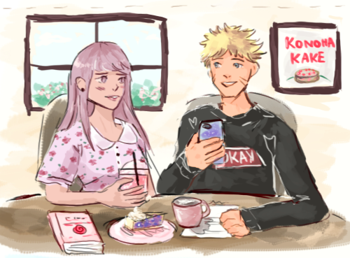 seaburrito:  naruhina sasusaku college au naruto and hinata are supposed to  be studying but he keeps showing her pictures of funny cats on his phone  (also spilt coffe on the work) sakura is telling sasuke about how  she won a boxing match- he is proud