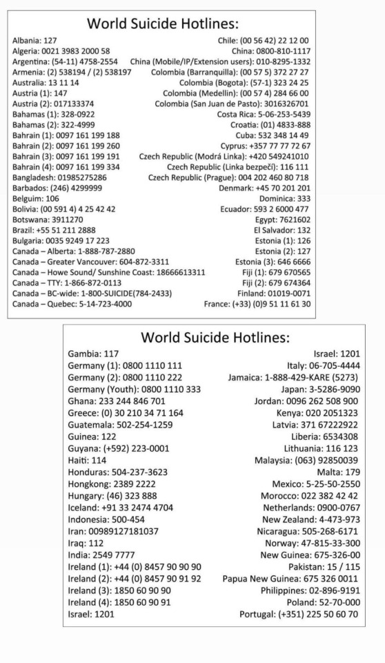 sangriazouis:attached are also numbers for worldwide suicide hotlines. please reach out for help if you’re feeling hopeless. 