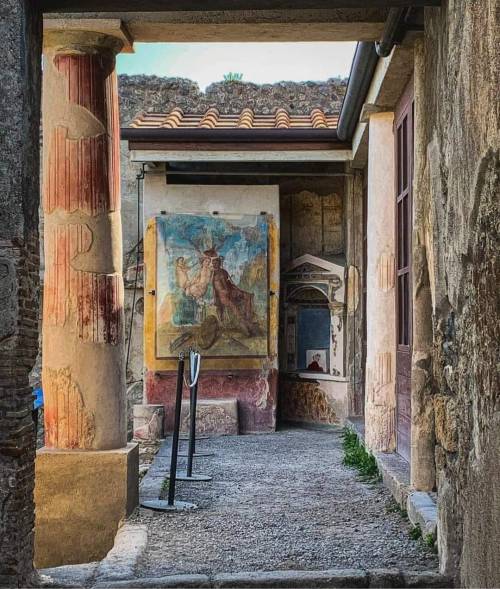 ancientcharm:Sacellum (sacred enclosure) in the House of the Ephebe, decorated with a painting depic