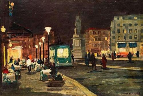 Night Street Scena, Livorno  -    Renato Natali, 1933Italian, 1883–1979Oil on canvas, 32 x 48 cm.