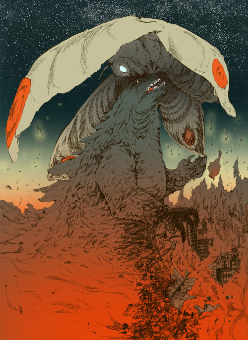 missbliss12: Forces of Nature.A little Godzilla and Mothra illustration by my twin sister. Inspired 