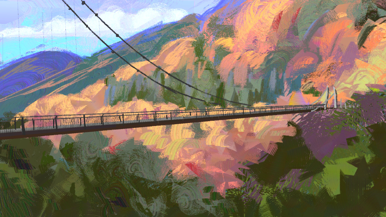A digital painting of a mountainous area full of trees with autumn leaves. The sky has wispy clouds. There is a foot bridge spanning across the mountain.