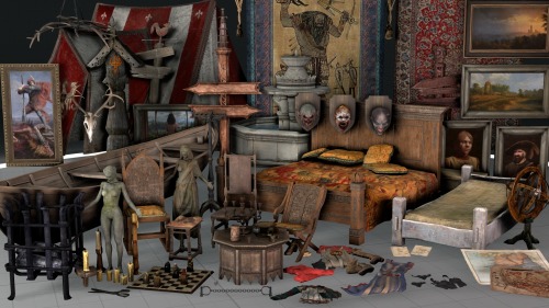 The Witcher 3: Wild Hunt Prop Pack 3Prop models from the Witcher 3: Wild HuntSmall tent (4 body groups) Wooden boat Water fountain (2 body groups) Brothel table Deer horn chandelier Candelabra (4 body groups) Melitele statue (6 body groups) Chessboard