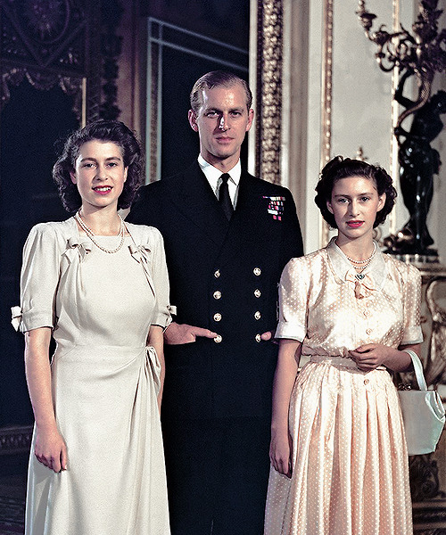 margaretroses: Princess Elizabeth, Prince Philip and Princess Margaret photographed in Buckingham Pa